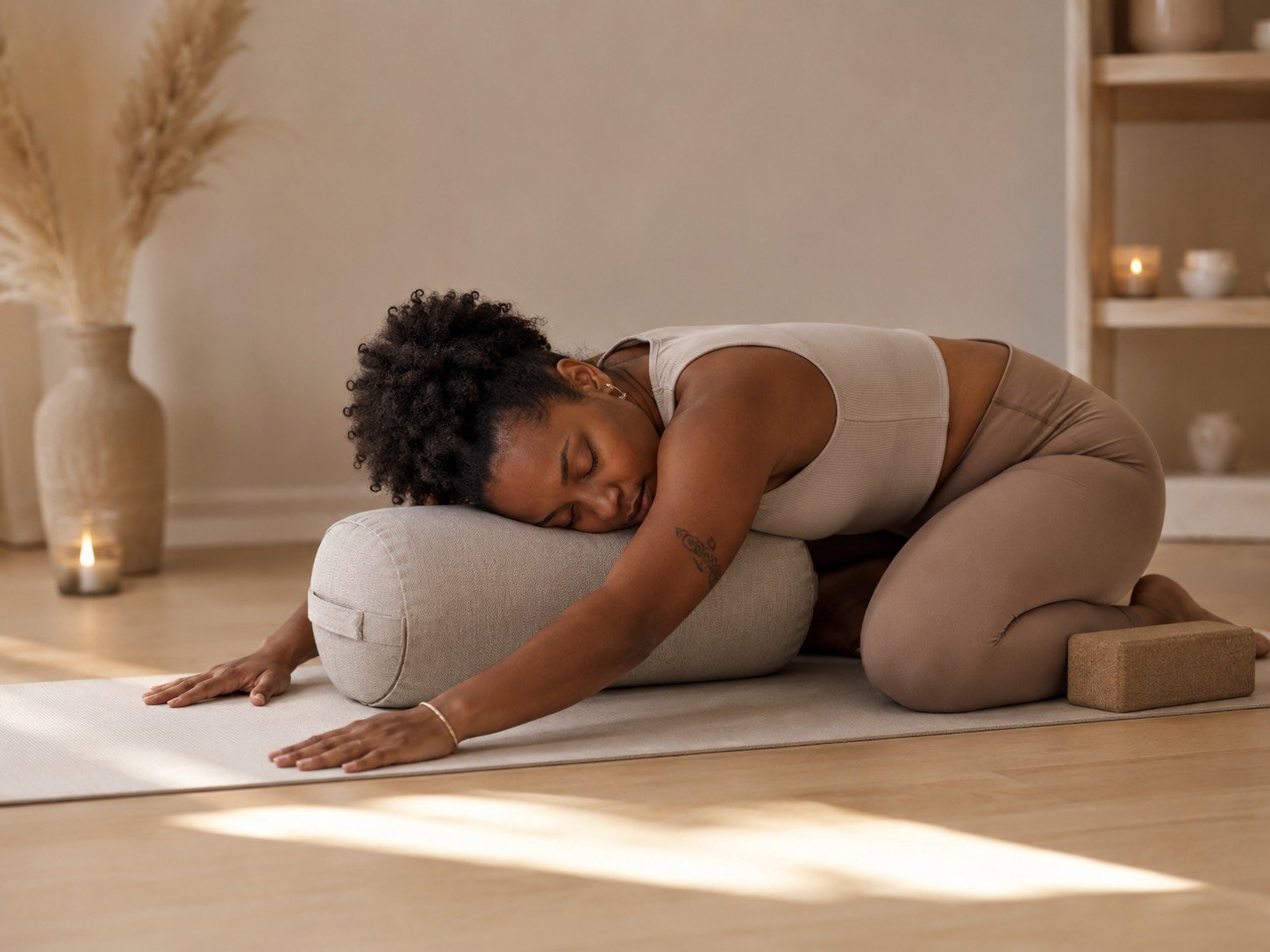 Black woman practicing supported restorative yoga